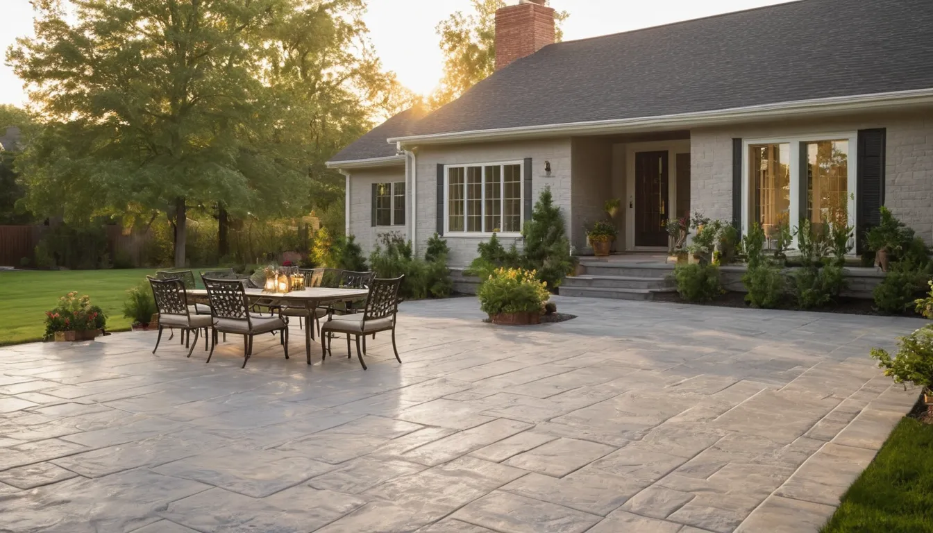 New stamped concrete patio beside a ranch home in The Village of Indian Hill